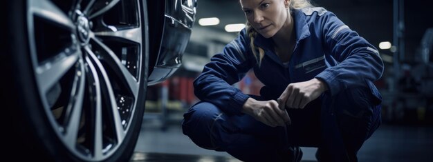 Meccanico automobilistico che lavora in garage e cambia pneumatici in lega di ruote Servizio di riparazione o manutenzione automobilistica