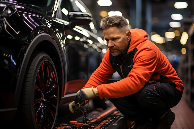 Meccanico automobilistico che lavora in garage e cambia pneumatici in lega di ruote Servizio di riparazione o manutenzione di automobili