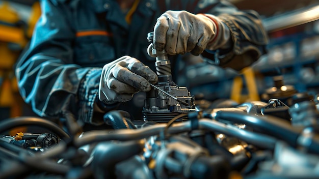 meccanico automobilistico che lavora in un'officina di chiusura un meccanico di auto che ripara il motore dell'auto un operaio al lavoro