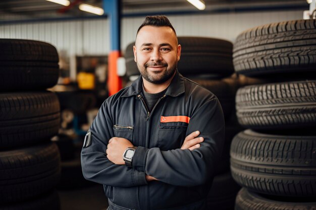 meccanico automobilistico che sta cambiando le gomme di un'auto