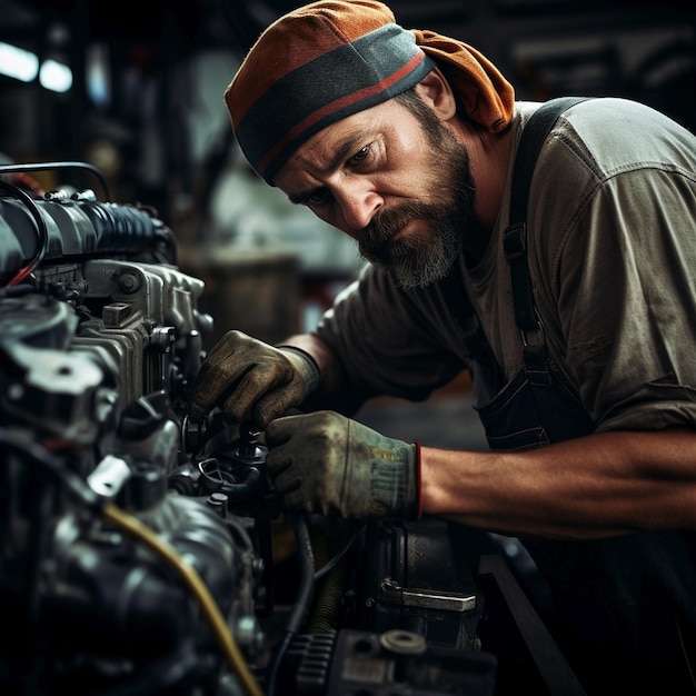 Meccanico automobilistico professionista al lavoro che ripara il motore dell'auto