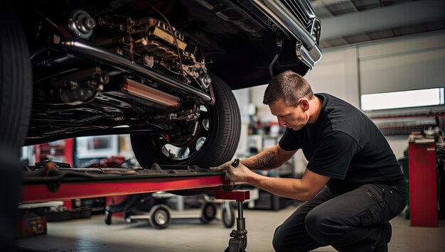 Meccanico che ripara un'auto in un garage Industria dei servizi automobilistici