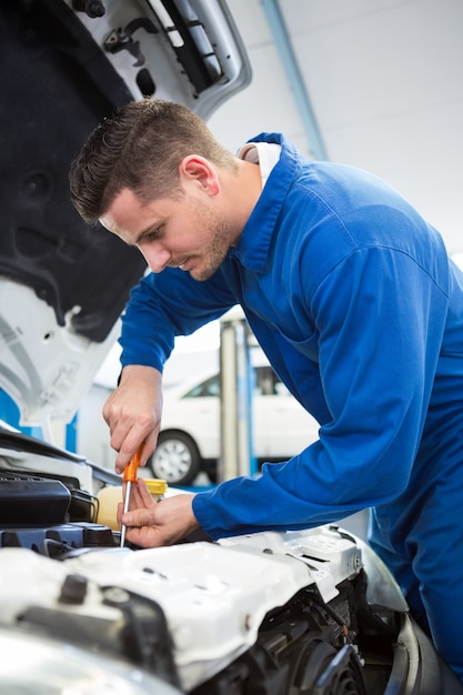 Meccanico che utilizza cacciavite sul motore