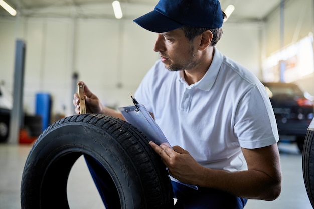 Meccanico di automobile che controlla la profondità di un pneumatico nell'officina riparazioni auto