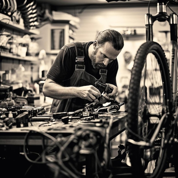 meccanico di un negozio di biciclette che ripara la ruota di una bicicletta in officina