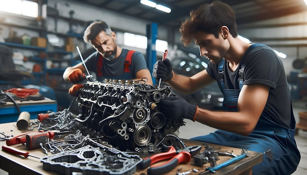 Meccanico esperto ricostruisce con competenza il motore smontato in un ambiente di lavoro quotidiano sincero