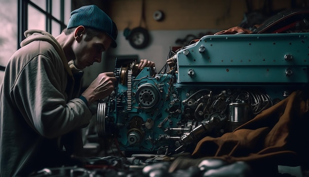 Meccanico operaio che lavora sul motore dell'auto retrò in garage Servizio di riparazione auto