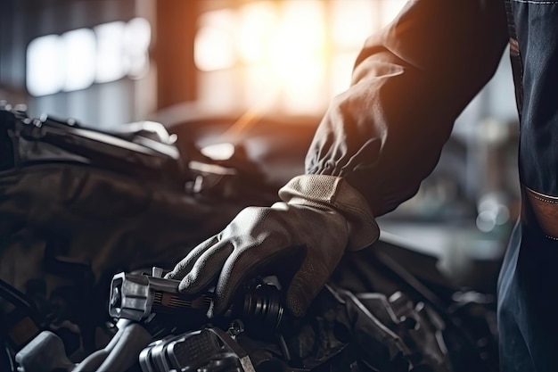 Meccanico per auto che indossa guanti utilizzando la chiave mentre si lavora su auto Servizi auto e concetto di controllo della manutenzione