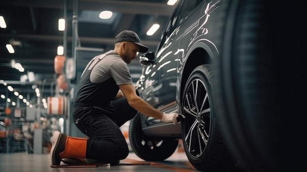 Meccanico professionista che cambia i pneumatici delle auto in un centro di riparazione auto Tecnico che lavora