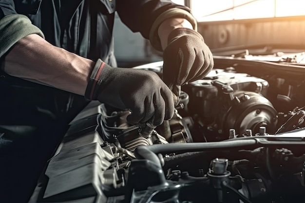 Meccanico professionista che lavora in un'officina di riparazioni auto Servizio auto e concetto di manutenzione