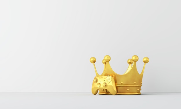 Medaglia d'oro ai videogiochi. Controller di gioco con una corona d'oro. Rendering 3D.