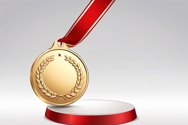 Medaglia d'oro con nastro rosso su un podio bianco Premio vincitore metallico Illustrazione vettoriale