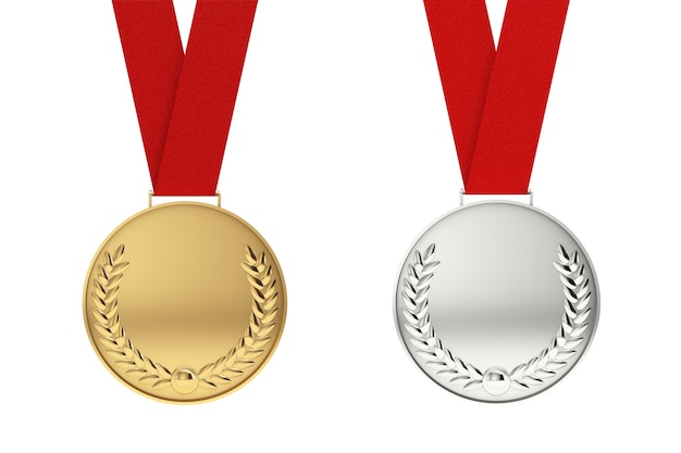 Medaglia d'oro e d'argento con corona di alloro su sfondo bianco. Rendering 3D