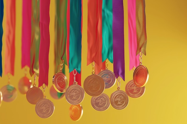 Medaglie e nastri Esposizione di una collezione di medaglie appese a nastri colorati