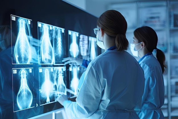 Medici donne dedicate che collaborano analizzando i raggi X con precisione in un ambiente ospedaliero