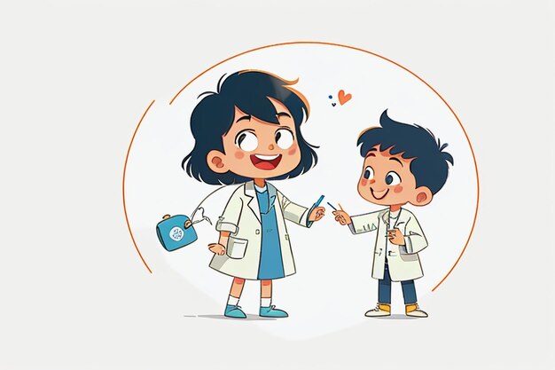 Medici e bambini che spiegano lo sfondo della carta da parati anime dei cartoni animati dei contenuti di promozione della conoscenza