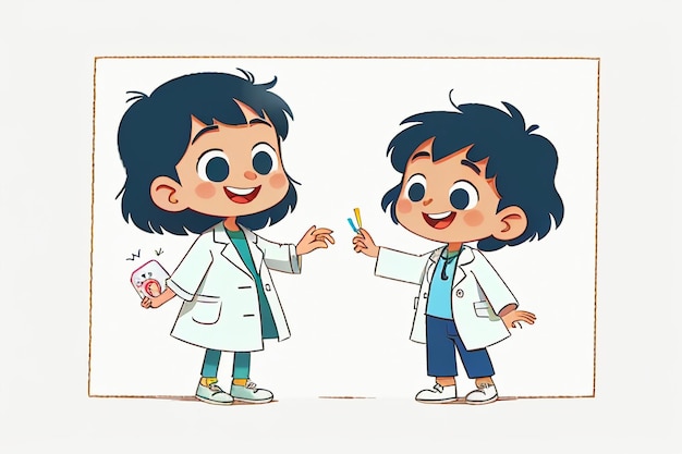 Medici e bambini che spiegano lo sfondo della carta da parati anime dei cartoni animati dei contenuti di promozione della conoscenza