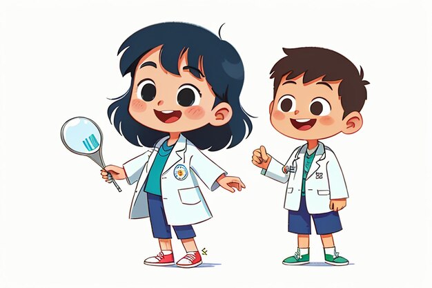 Medici e bambini che spiegano lo sfondo della carta da parati anime dei cartoni animati dei contenuti di promozione della conoscenza