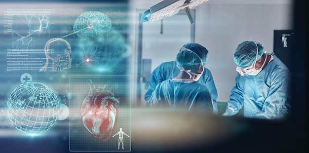 Medici ospedale e chirurgia con ologramma globale del mondo in sala operatoria con ppe anatomia e icona del cervello gruppo chirurgo e pianeta in terapia intensiva terra 3d e cardiologia con sovrapposizione del cuore in clinica