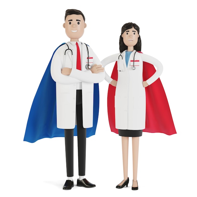 Medici uomo e donna in costume da supereroe. Illustrazione 3D in stile cartone animato.