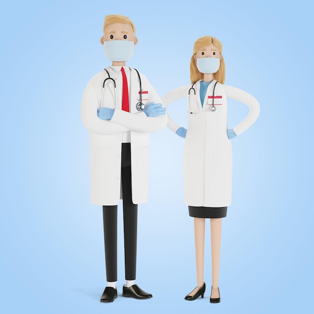 Medici uomo e donna in maschere e guanti Illustrazione 3D in stile cartone animato