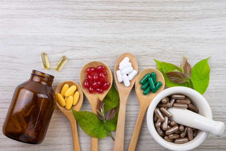 Foto medicina alternativa, vitamina e integratori di erbe naturali