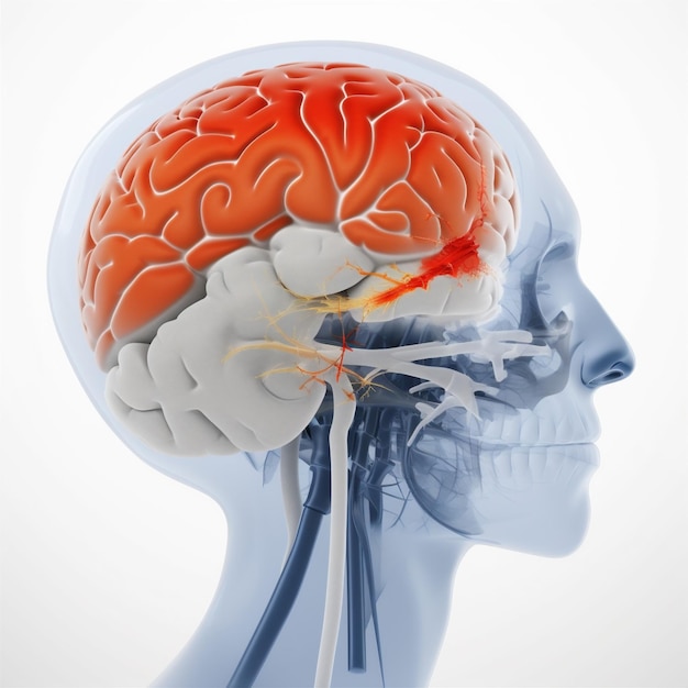 Medicina cervello anatomia testa rossa dolore raggi x medici mal di testa blu Generativo AI