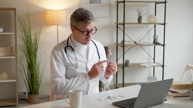 Medicina che prescrive consultazione medica online medico professionista uomo che parla al video del laptop