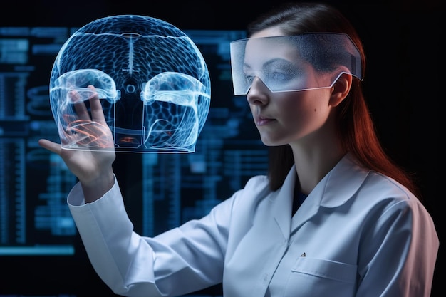 Medicina del futuro Medico di medicina che utilizza un'interfaccia futuristica medica digitale La rete di neuroni fluorescenti molecolari e il DNA sono utilizzati in medicina Laboratorio di diagnosi di analisi sanitaria