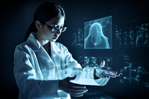 Medicina del futuro Medico di medicina che utilizza un'interfaccia futuristica medica digitale La rete di neuroni fluorescenti molecolari e il DNA sono utilizzati in medicina Laboratorio di diagnosi di analisi sanitaria