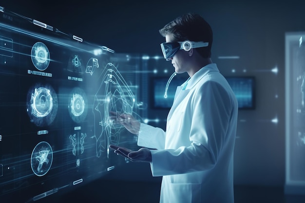 Medicina del futuro Tecnologia sanitaria e concetto di networking DNA Sanità digitale e networking sull'ologramma Medico futuristico Ingegneria e Medtech Generative AI
