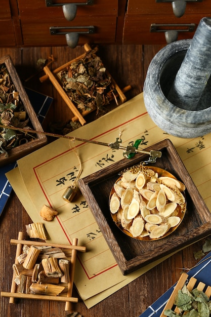Medicina di erbe tradizionale cinese in stadera. La traduzione si legge come terapia a base di erbe cinese.