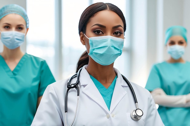 medicina e concetto di pandemia primo piano di una donna afroamericana medico o scienziato in maschera protettiva su operatori medici in ospedale sullo sfondo