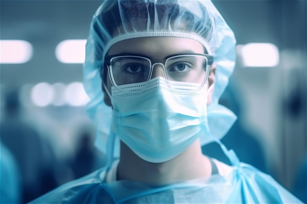 Medicina e professionePrimo piano della dottoressa in maschera facciale protettiva e occhiali IA generativa
