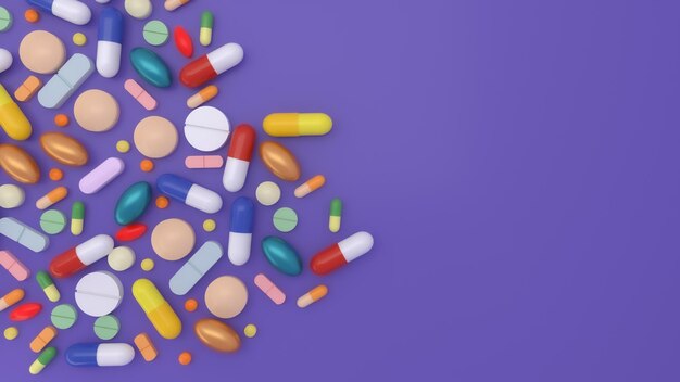 Medicina farmacia e concetto di salute Rendering 3Dpile di pillole colorate Simbolo antibiotico