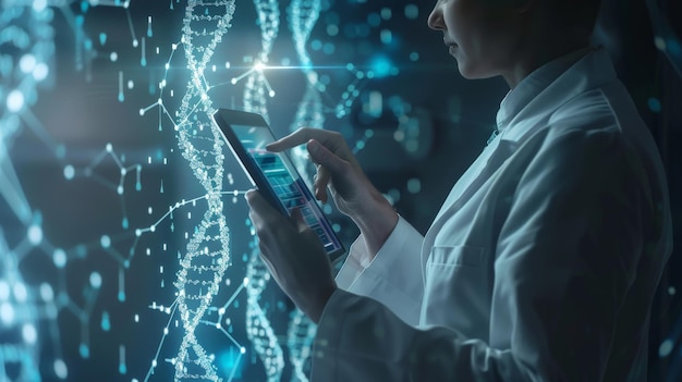 Medicina medico toccando cartella medica elettronica su tablet DNA assistenza sanitaria digitale e connessione di rete su ologramma moderna interfaccia di schermo virtuale tecnologia medica e concetto di rete