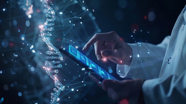 Medicina medico toccando cartella medica elettronica su tablet DNA assistenza sanitaria digitale e connessione di rete su ologramma moderna interfaccia di schermo virtuale tecnologia medica e concetto di rete