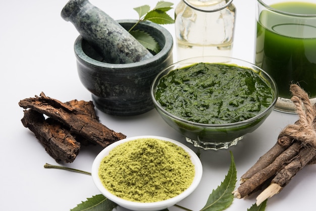 Medicinali ayurvedici Azadirachta indica o foglie di Neem in mortaio e pestello con pasta di neem, succo e ramoscelli, polvere e olio, messa a fuoco selettiva