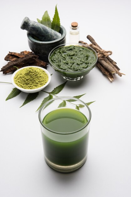 Medicinali ayurvedici Azadirachta indica o foglie di Neem in mortaio e pestello con pasta di neem, succo e ramoscelli, polvere e olio, messa a fuoco selettiva