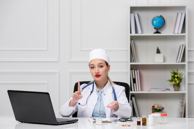 Medico adorabile carino medico in camice bianco e cappello con computer che mostra il segnale di stop