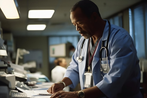 Medico afroamericano che lavora in ospedale Personale medico sanitario e servizio medico