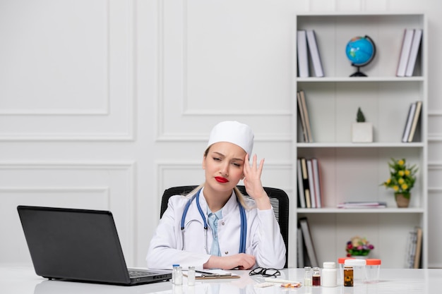 Medico bello carino medico in camice bianco ospedale e cappello con il computer stanco e confuso