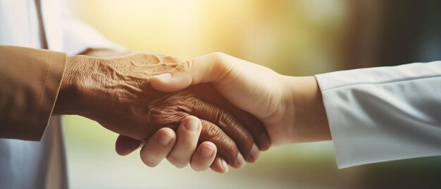 medico che tiene la mano di un paziente anziano su un bastone da passeggio concetto speciale di assistenza medica per