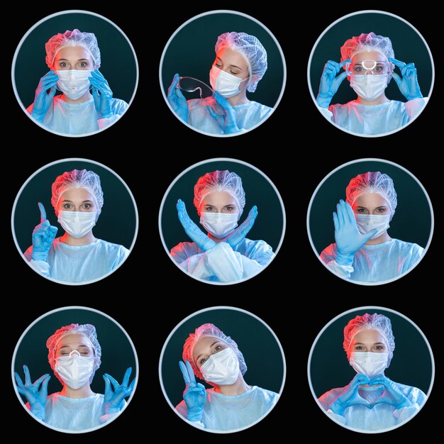 Medico chirurgo ritratto collage che indossa dpi set 9