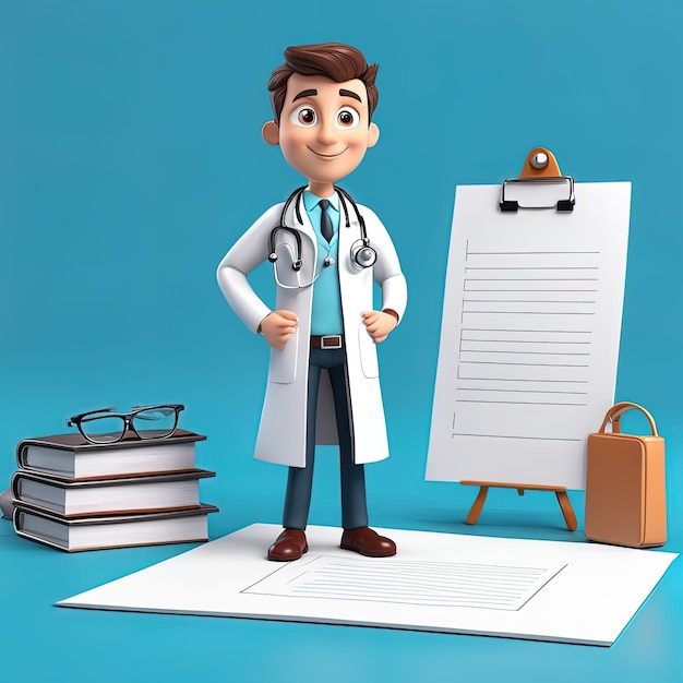 Medico di carattere cartoon 3 d che tiene appunti isolati su sfondo bianco personaggio cartoon 3 d