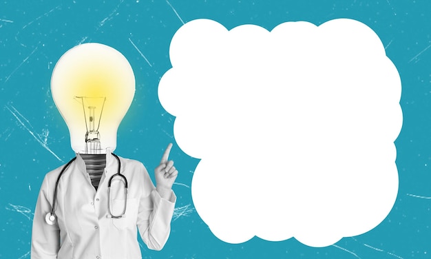 Medico di collage contemporaneo astratto con una testa di lampadina su uno sfondo blu con spazio per il testo