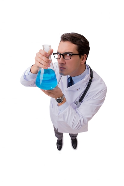 Medico divertente con liquido blu isolato