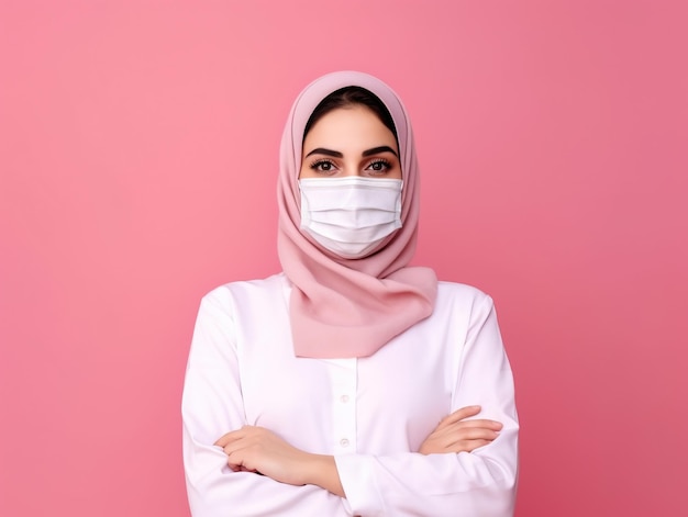 Medico donna professionista in hijab nazionale musulmano su sfondo rosa