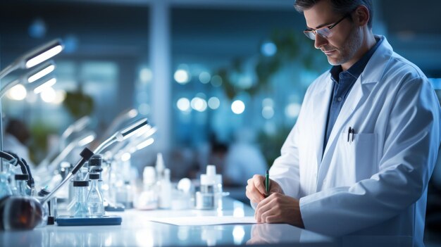 medico e chimico alla ricerca di nuove soluzioni nel suo laboratorio