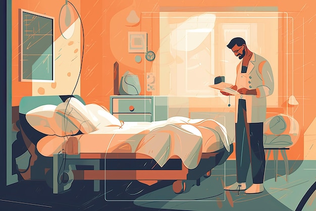 Medico e paziente nell'illustrazione della stanza d'ospedale in stile piano